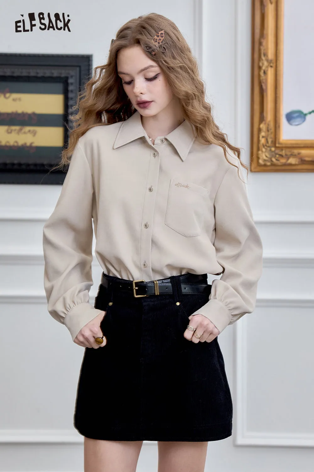 ELFSACK 2024 Winter New Arrivals Embroidered shirt for women, versatile commuter top