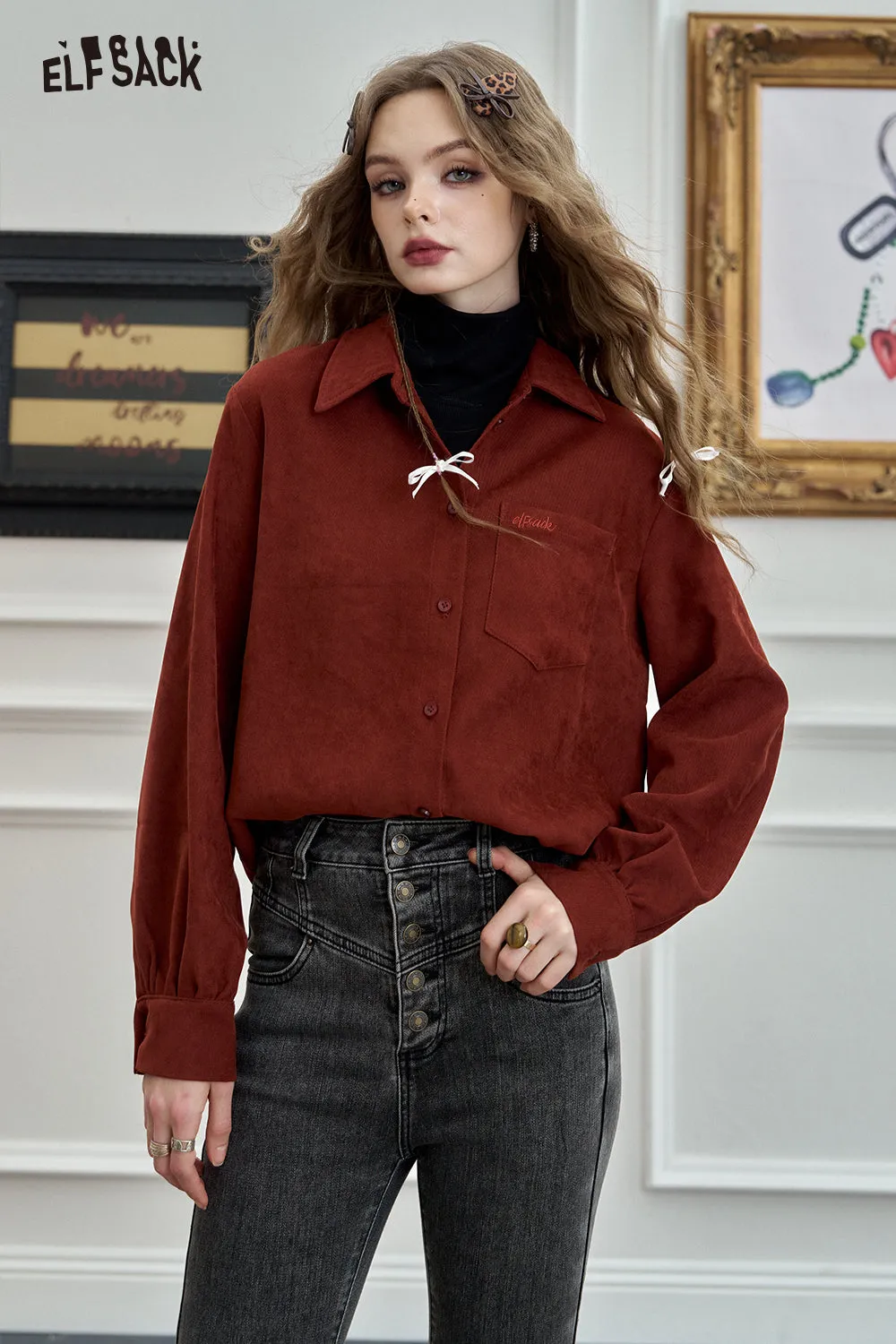 ELFSACK 2024 Winter New Arrivals Embroidered shirt for women, versatile commuter top