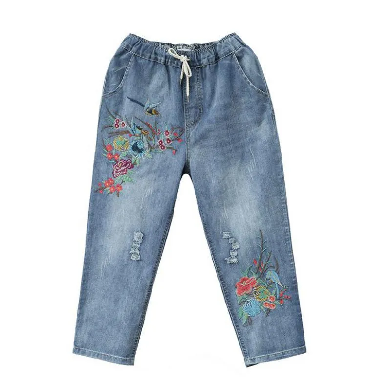 Embroidery Detailed Retro Drawstring Ripped Loose Denim Pants