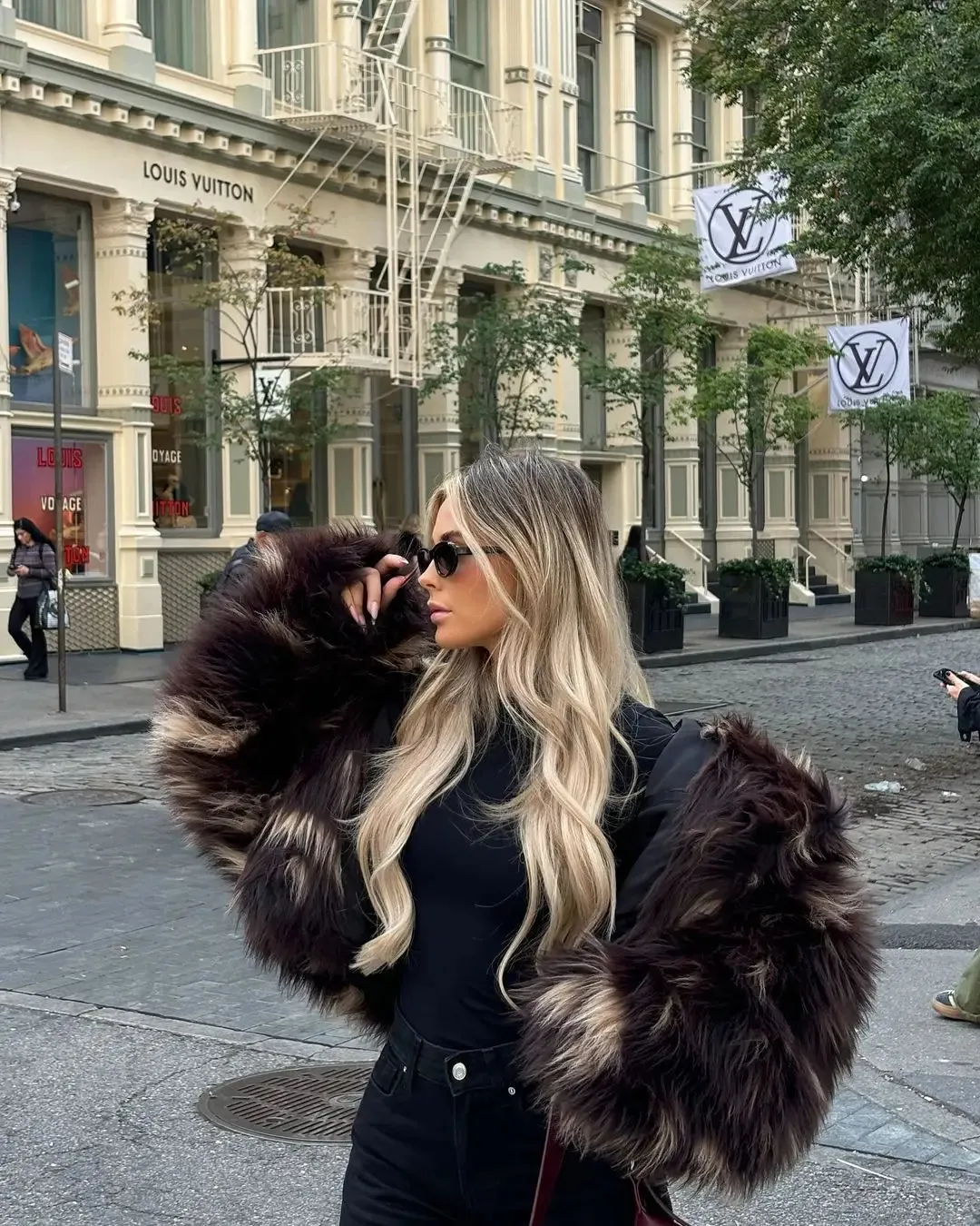 Fashionkova Chocolate Color Collision Faux Fur Jackets Open Front Long Sleeve Fluffy Women's Coats High Street Autumn Winter Warm Outerwears