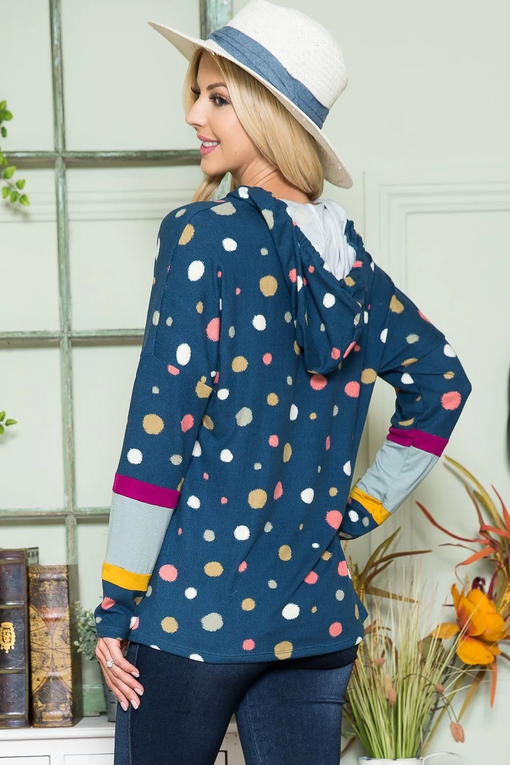 Full Size Polka Dot Drawstring Hoodie