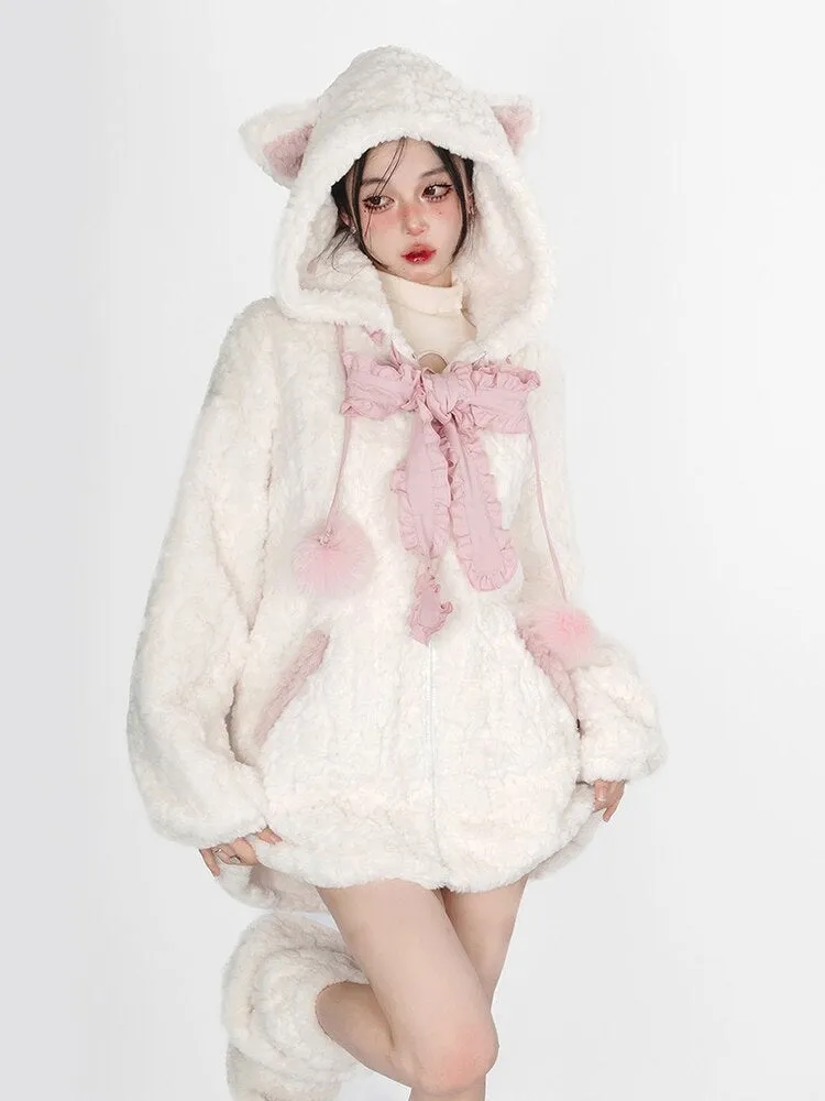 Fuzzy Neko Pompom Hooded Coat