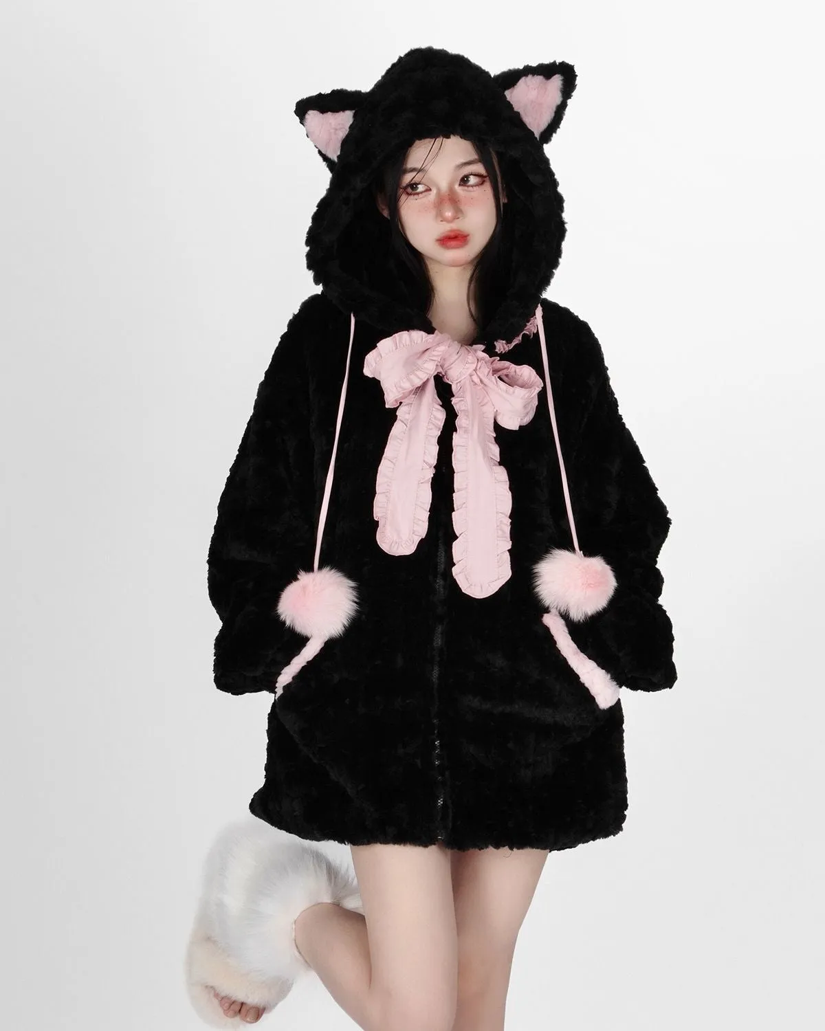 Fuzzy Neko Pompom Hooded Coat