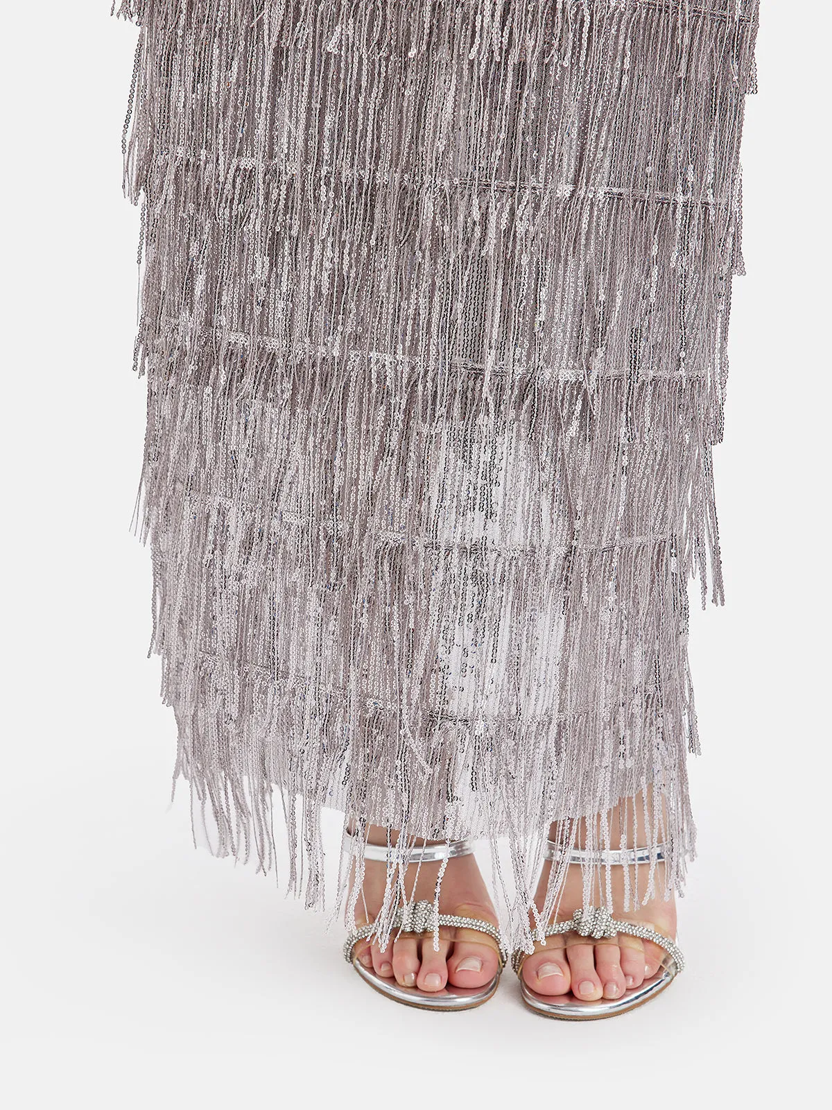 Galactic Sparkle Sequin Fringe Maxi Skirt (with Waist Chain)