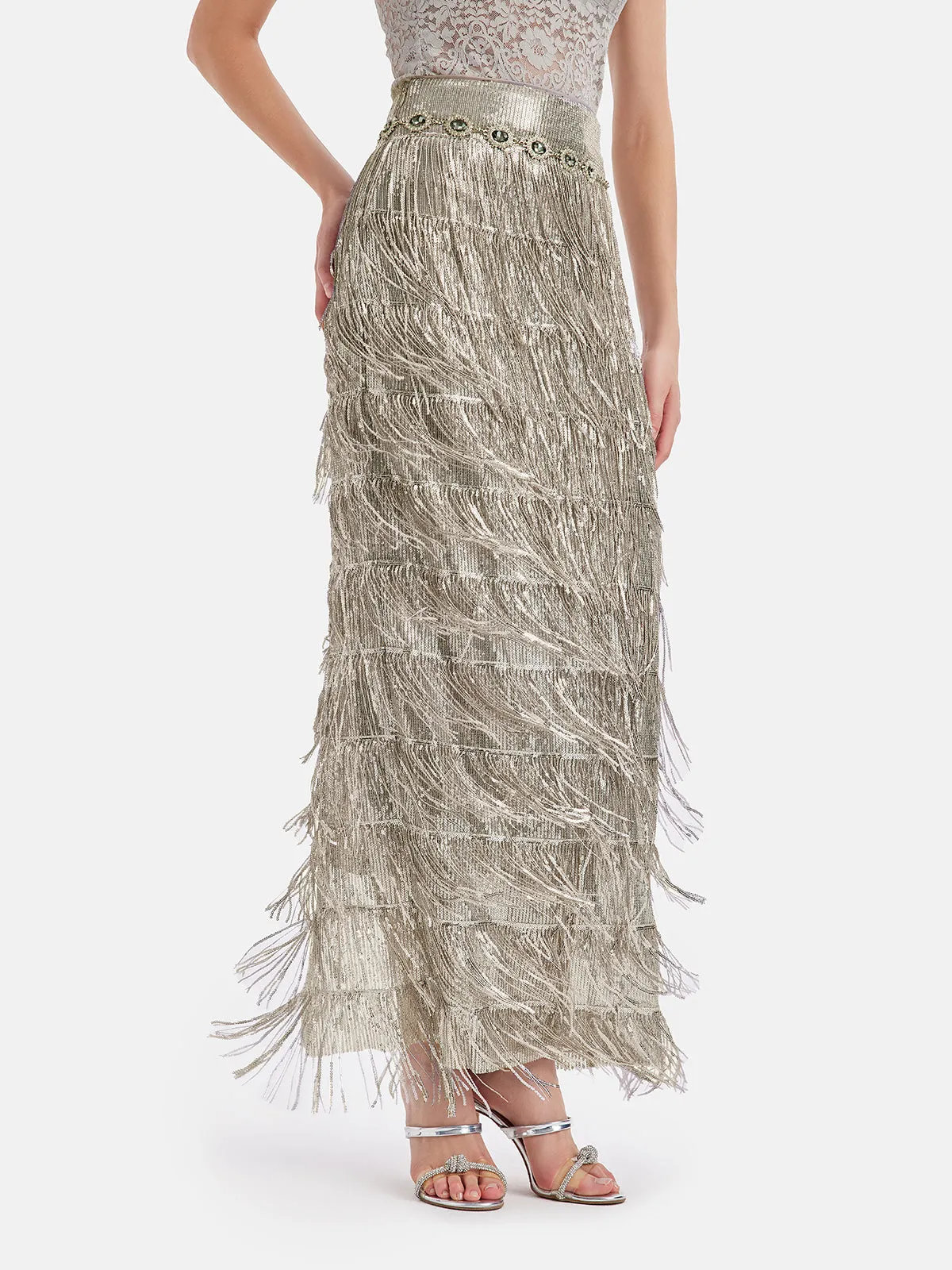 Galactic Sparkle Sequin Fringe Maxi Skirt (with Waist Chain)