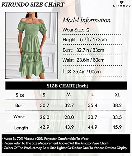 KIRUNDO 2023 Spring Summer Womens Square Neck Smocked Short Puff Sleeve Tiered Midi Dress Solid Casual A Line Flowy Dresses(Solid-Red, X-Large)