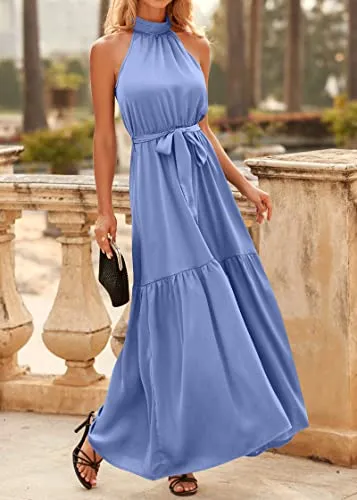 KIRUNDO 2023 Women Summer Sleeveless Halter Satin Maxi Dresses High Waist Elegant Wedding Party Cocktail Formal Prom Dress(Light Blue, X-Large)