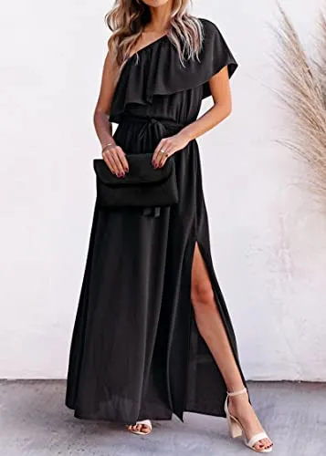 KIRUNDO 2023 Womens Summer Maxi Dress Ruffle One Shoulder High Waist Split Beach Party Wedding Guest Long Dresses with Belt(Black, XX-Large)