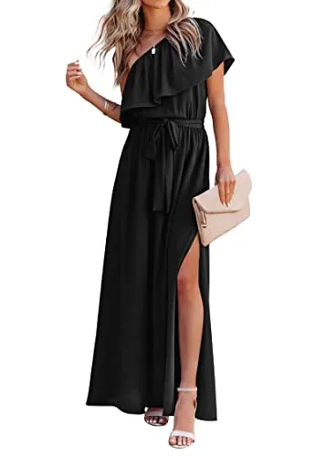 KIRUNDO 2023 Womens Summer Maxi Dress Ruffle One Shoulder High Waist Split Beach Party Wedding Guest Long Dresses with Belt(Black, XX-Large)