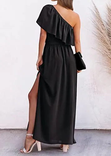 KIRUNDO 2023 Womens Summer Maxi Dress Ruffle One Shoulder High Waist Split Beach Party Wedding Guest Long Dresses with Belt(Black, XX-Large)