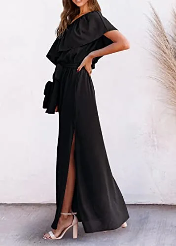 KIRUNDO 2023 Womens Summer Maxi Dress Ruffle One Shoulder High Waist Split Beach Party Wedding Guest Long Dresses with Belt(Black, XX-Large)