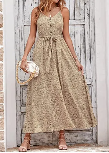 KIRUNDO 2023 Women's Summer Spaghetti Strap V Neck Flowy Maxi Dress Leopard Print High Waist Belt Split Long Dresses(Dot Coffee Apricot, Small)