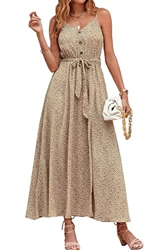 KIRUNDO 2023 Women's Summer Spaghetti Strap V Neck Flowy Maxi Dress Leopard Print High Waist Belt Split Long Dresses(Dot Coffee Apricot, Small)