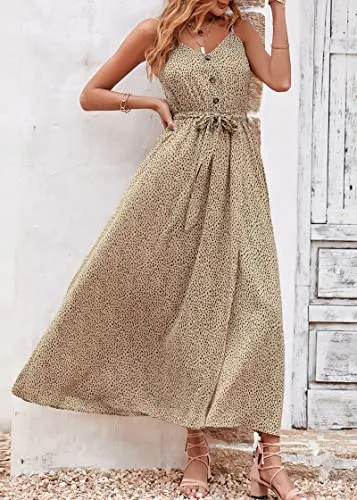 KIRUNDO 2023 Women's Summer Spaghetti Strap V Neck Flowy Maxi Dress Leopard Print High Waist Belt Split Long Dresses(Dot Coffee Apricot, Small)