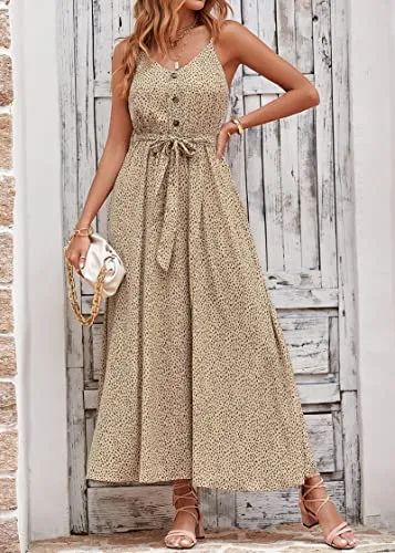 KIRUNDO 2023 Women's Summer Spaghetti Strap V Neck Flowy Maxi Dress Leopard Print High Waist Belt Split Long Dresses(Dot Coffee Apricot, Small)