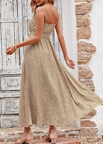 KIRUNDO 2023 Women's Summer Spaghetti Strap V Neck Flowy Maxi Dress Leopard Print High Waist Belt Split Long Dresses(Dot Coffee Apricot, Small)