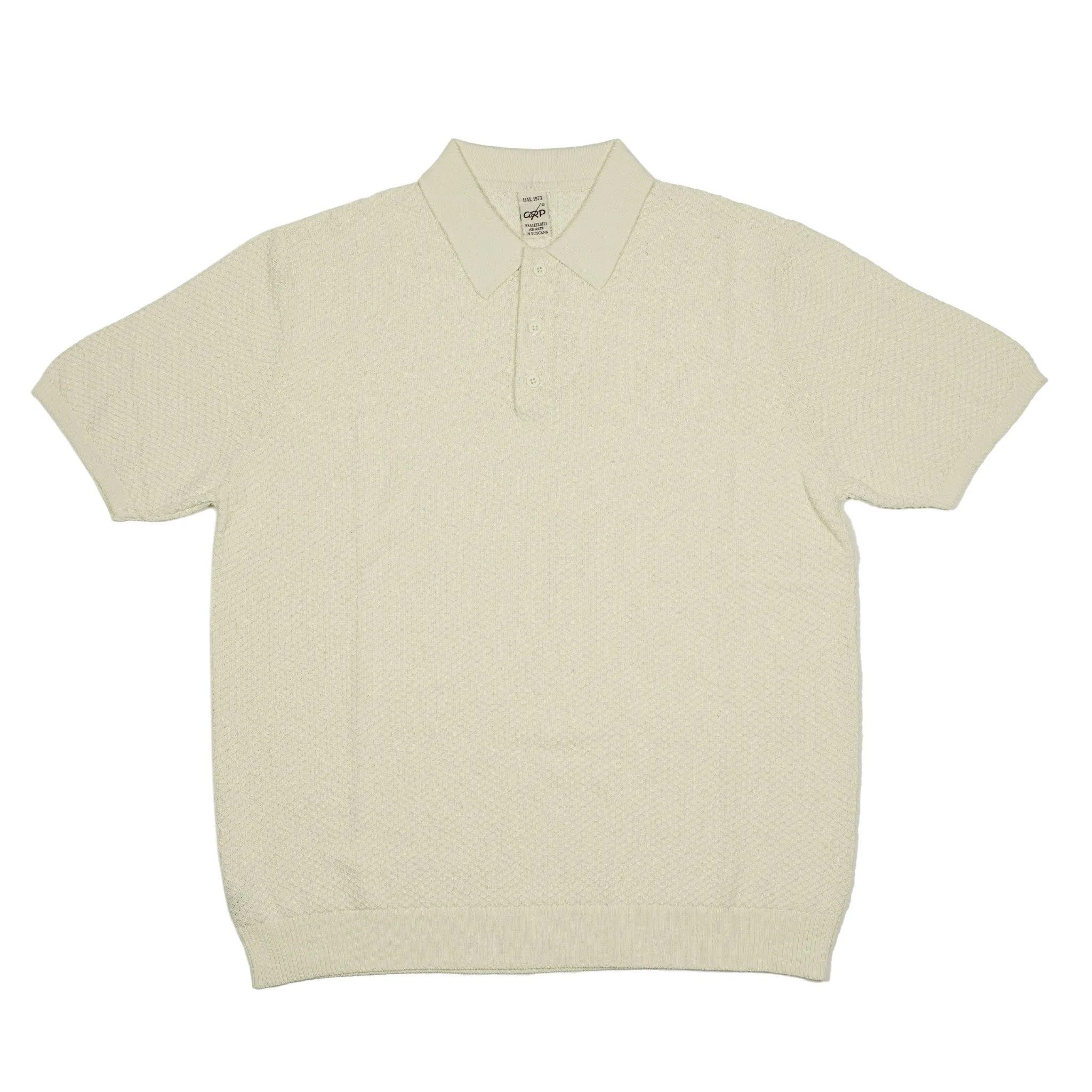 Knit short sleeve polo in ecru mini diamond pattern cotton (restock)