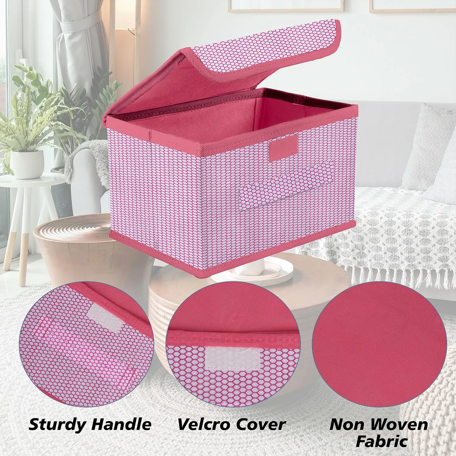 Kuber Industries Drawer Storage Box | Zig Zag Dhakkan Storage Box | Non-Woven Clothes Organizer For Toys | Storage Box with Handle | Medium | Pack of 4 | Pink