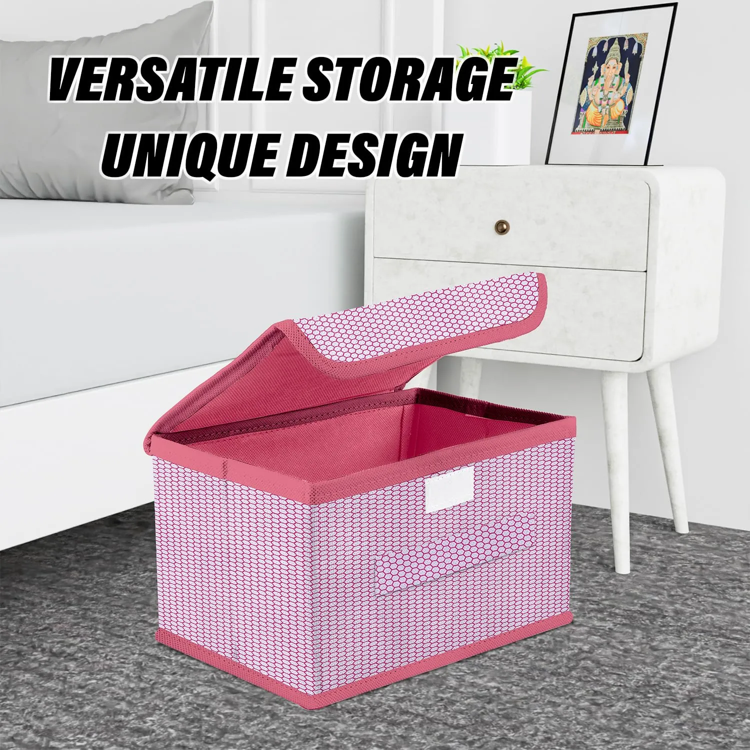 Kuber Industries Drawer Storage Box | Zig Zag Dhakkan Storage Box | Non-Woven Clothes Organizer For Toys | Storage Box with Handle | Medium | Pack of 4 | Pink