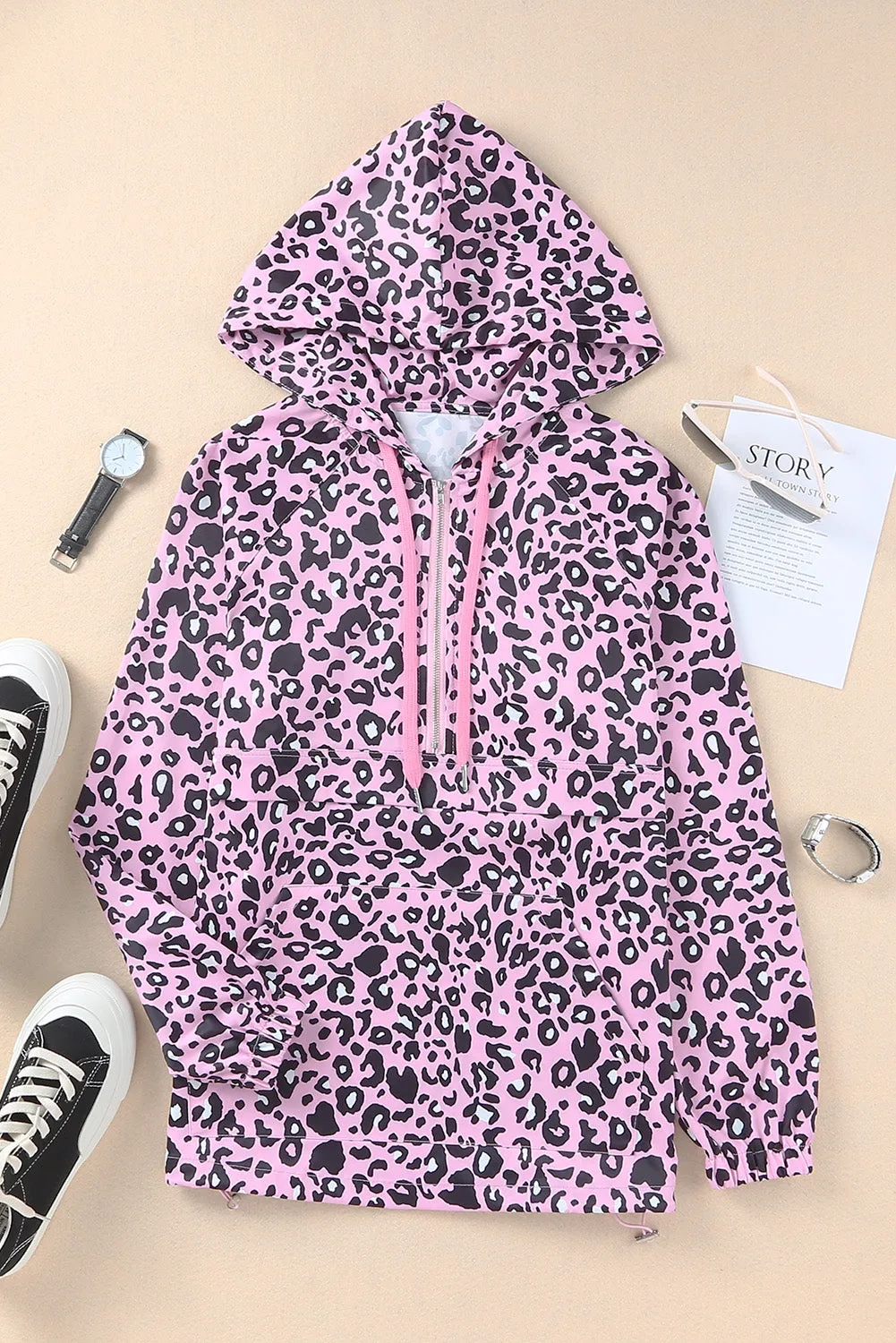 Leopard Print Zipper Kangaroo Pocket Pullover Hoodie