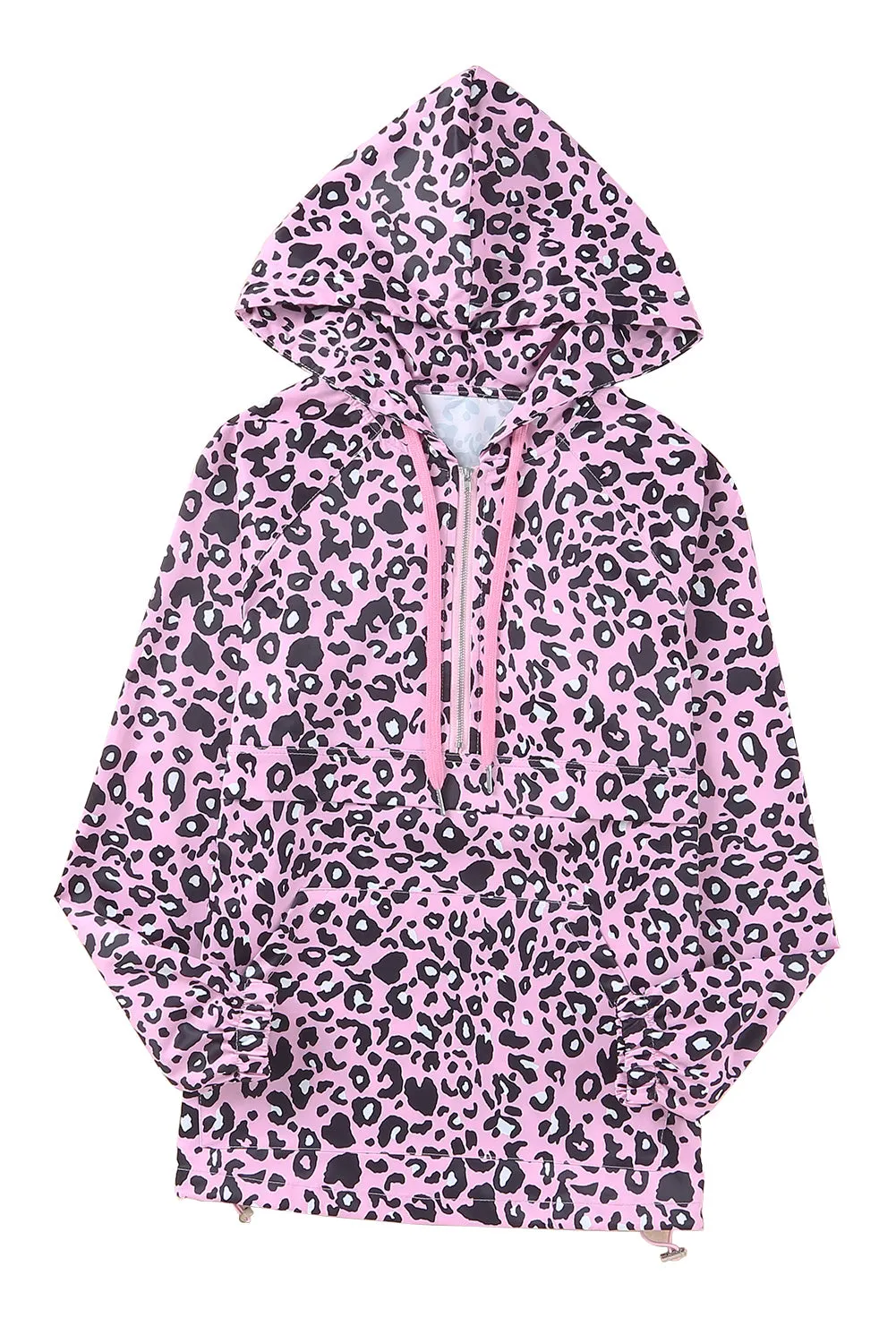 Leopard Print Zipper Kangaroo Pocket Pullover Hoodie