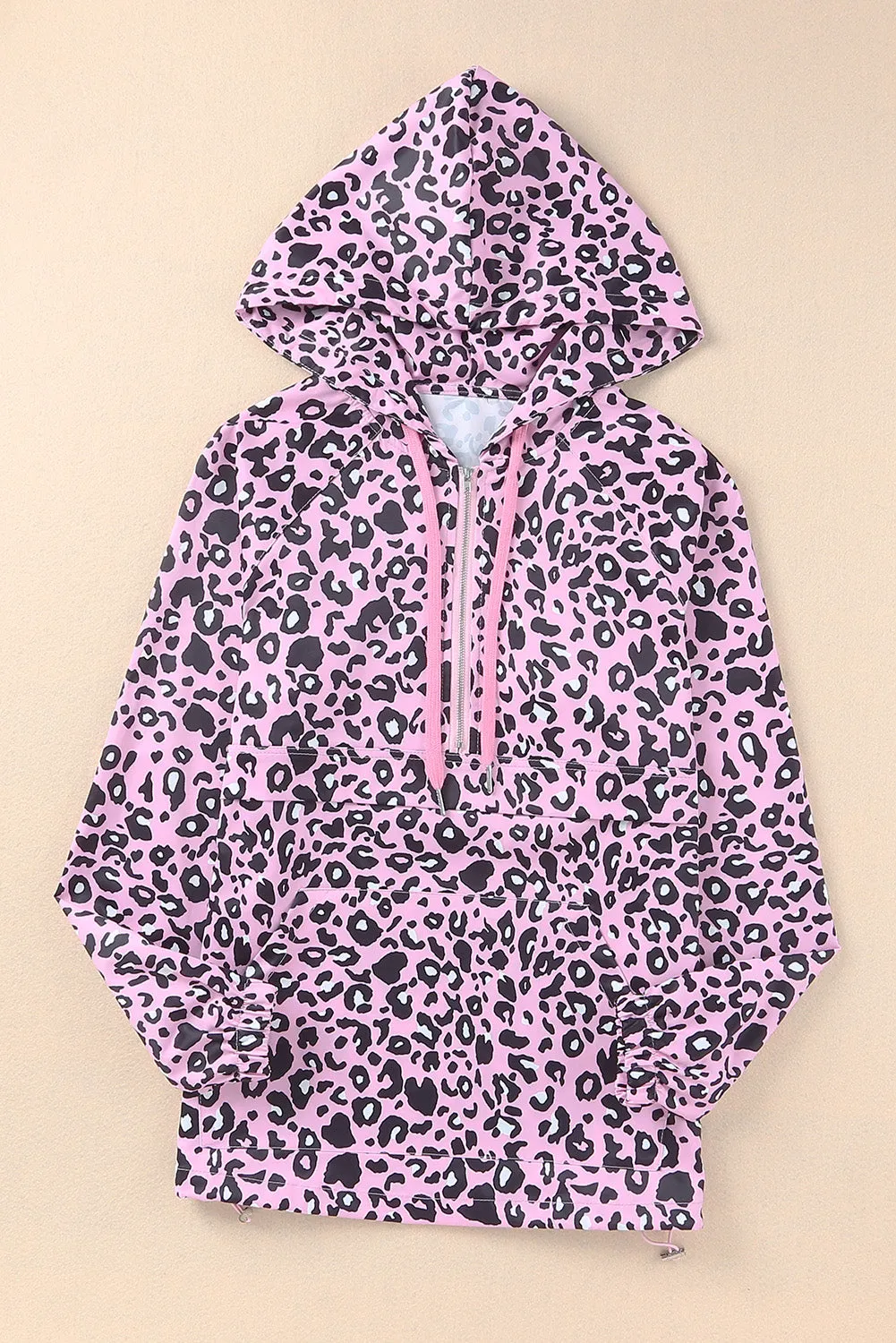 Leopard Print Zipper Kangaroo Pocket Pullover Hoodie