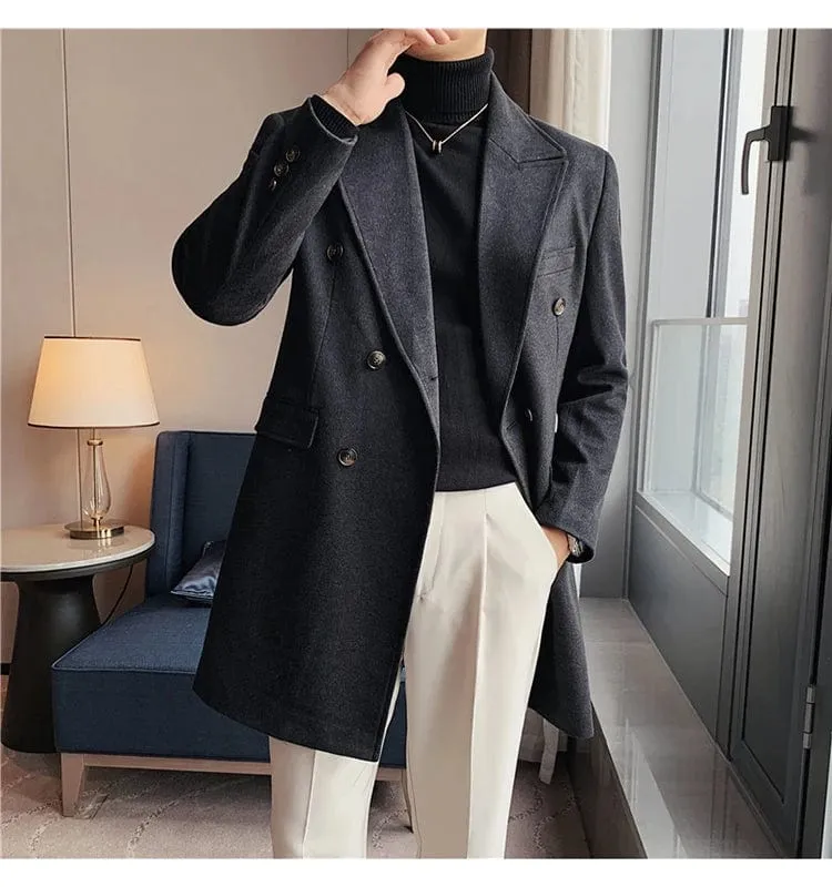 Luxury Stylish Men's High Quality Double-Breasted Woolen Slim Fit Long Business Suit Jacket