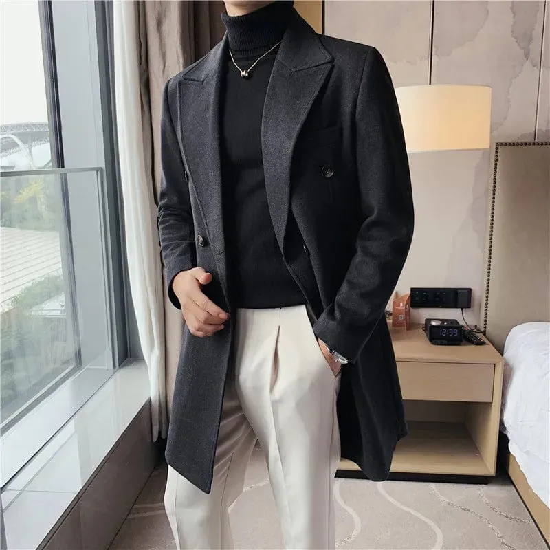 Luxury Stylish Men's High Quality Double-Breasted Woolen Slim Fit Long Business Suit Jacket