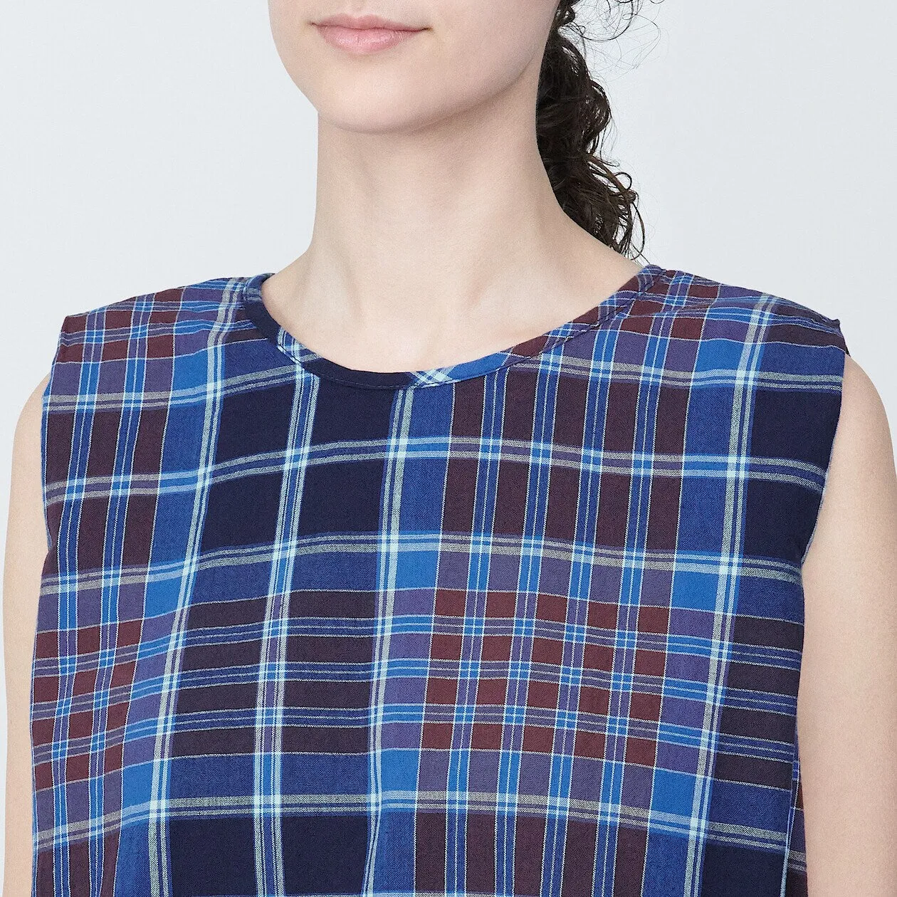 Madras Check Crewneck Sleeveless Blouse