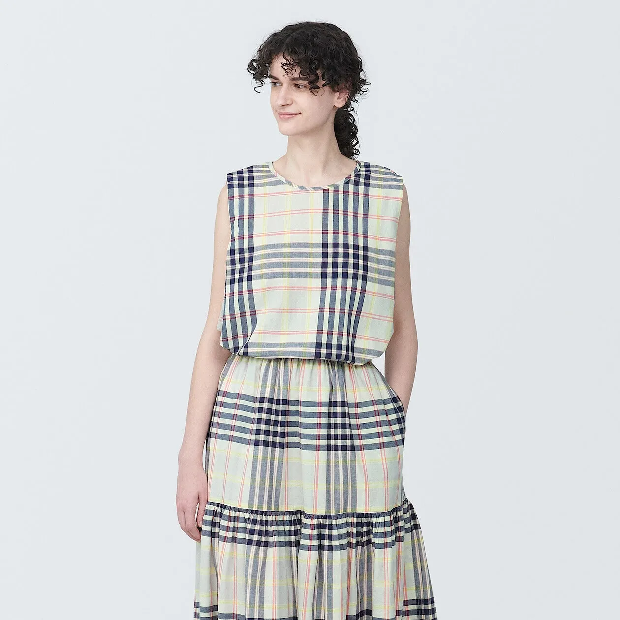 Madras Check Crewneck Sleeveless Blouse