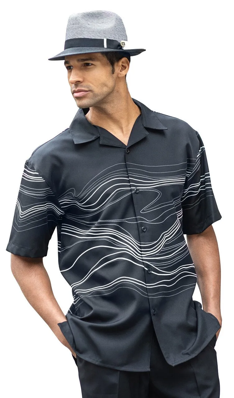 Men's 2 Piece Short Sleeve Walking Suit Solid Wave Print in Black - 2093