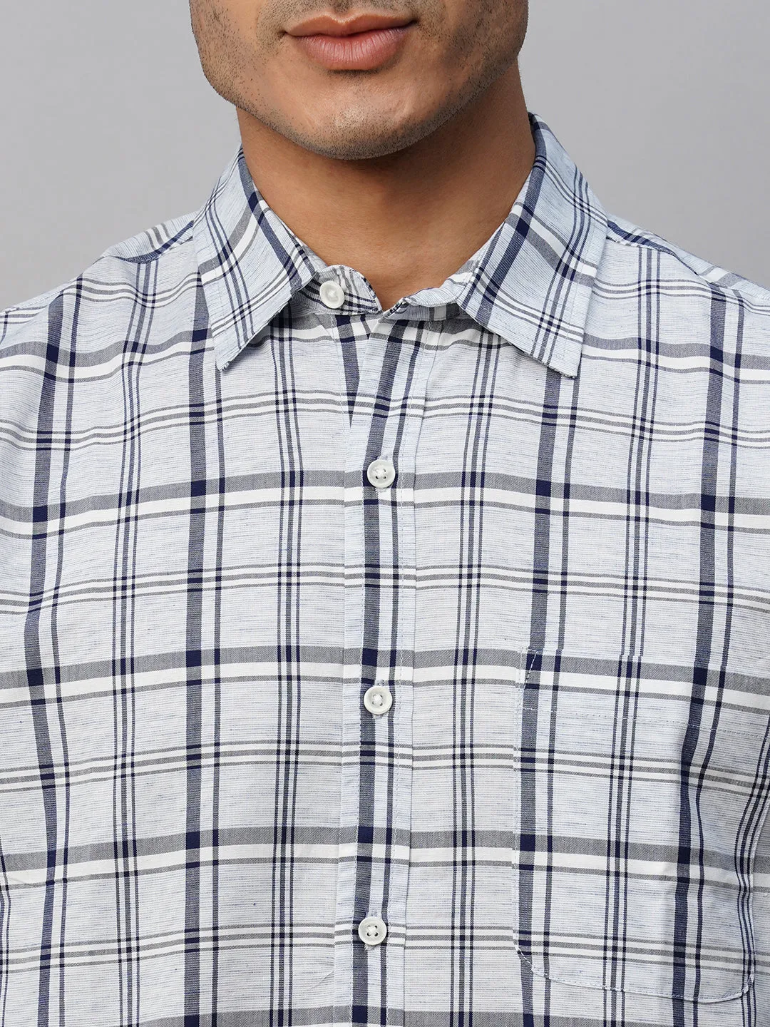 Men's Blue Linen Cotton Lyocell Regular Fit Checked Shirt