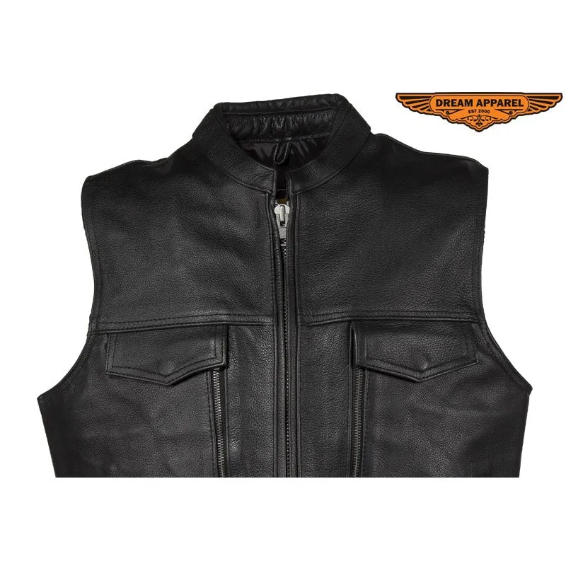 Men's Leather Club Vest With Gun Pocket & Hidden Pockets