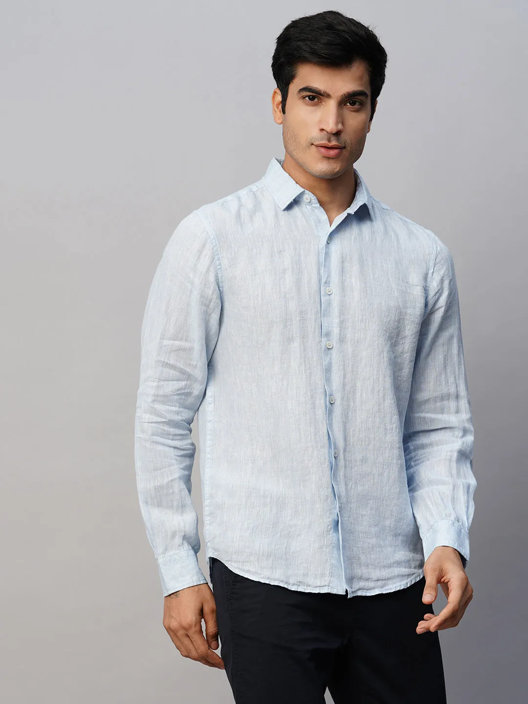 Men's Sky Blue 100% Linen Slim Fit Long Sleeved Shirt