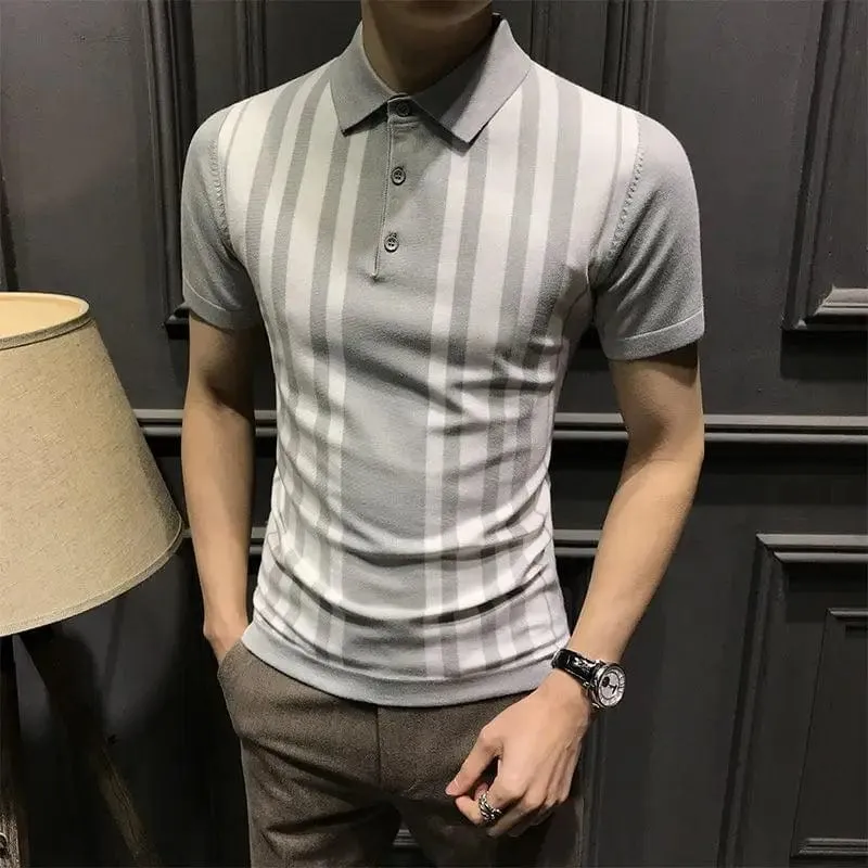 Men's Striped Polo Shirt: Short Sleeve Business Casual Lapel Streetwear Fashion Slim Versatile Top for Summer