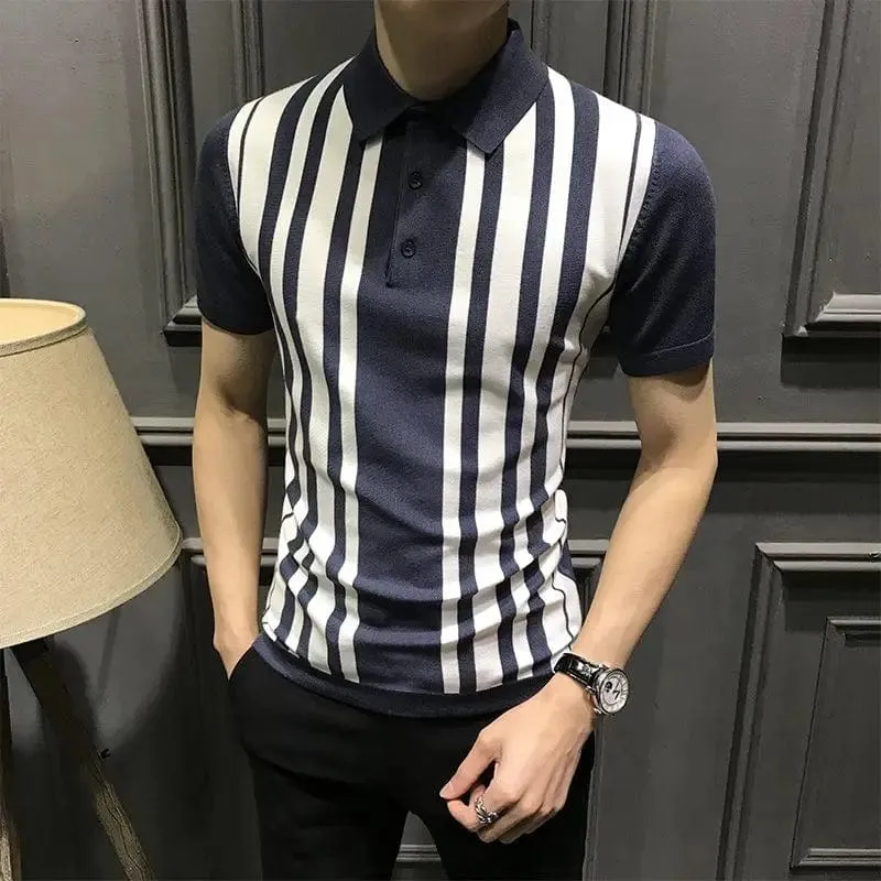 Men's Striped Polo Shirt: Short Sleeve Business Casual Lapel Streetwear Fashion Slim Versatile Top for Summer