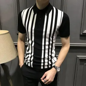 Men's Striped Polo Shirt: Short Sleeve Business Casual Lapel Streetwear Fashion Slim Versatile Top for Summer