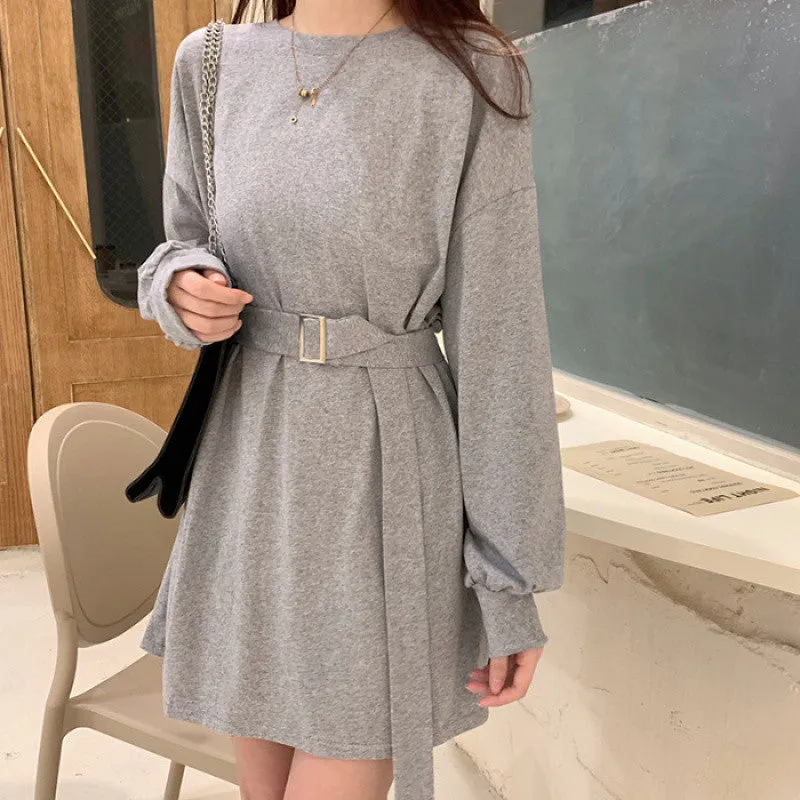 METAVERSMALL New new Korean version spring and autumn thin loose long-sleeved medium and long waist lace-up versatile student dress women