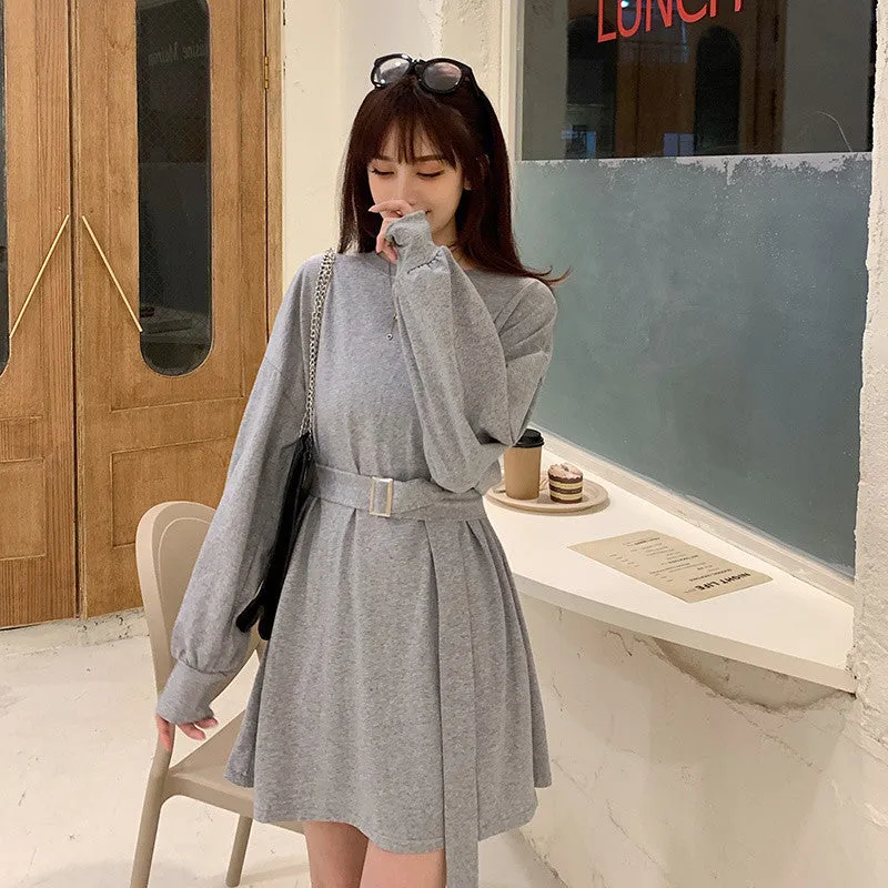 METAVERSMALL New new Korean version spring and autumn thin loose long-sleeved medium and long waist lace-up versatile student dress women