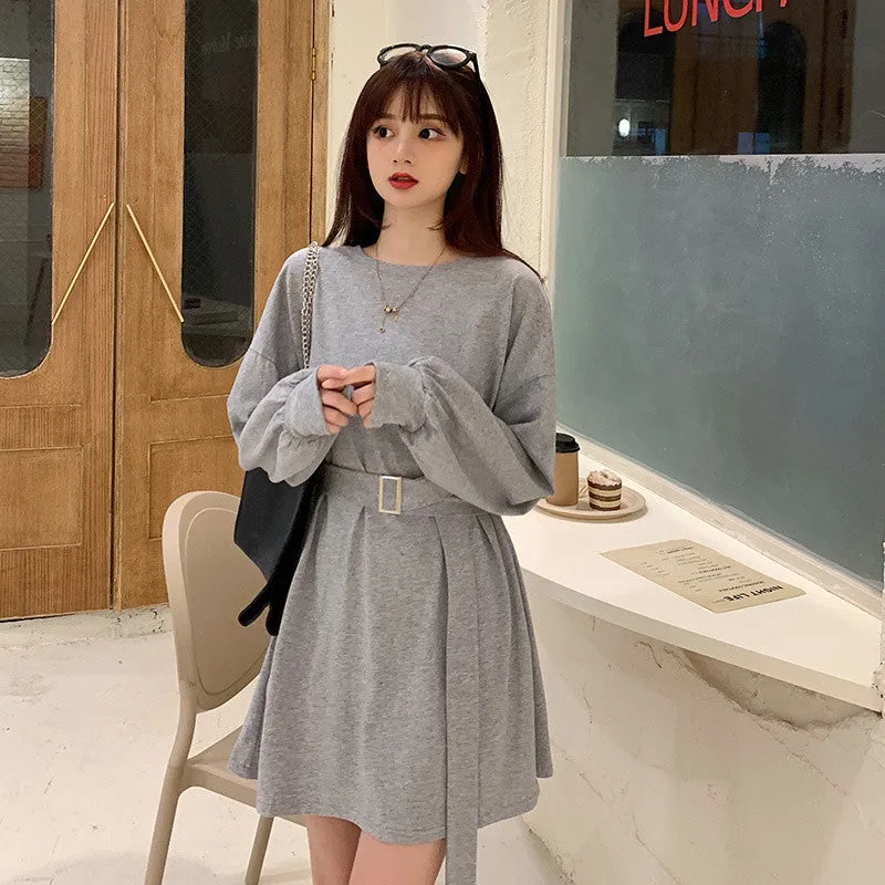 METAVERSMALL New new Korean version spring and autumn thin loose long-sleeved medium and long waist lace-up versatile student dress women