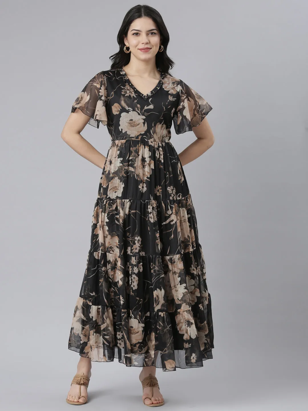 Neeru's Black Flared Casual Floral Dresses