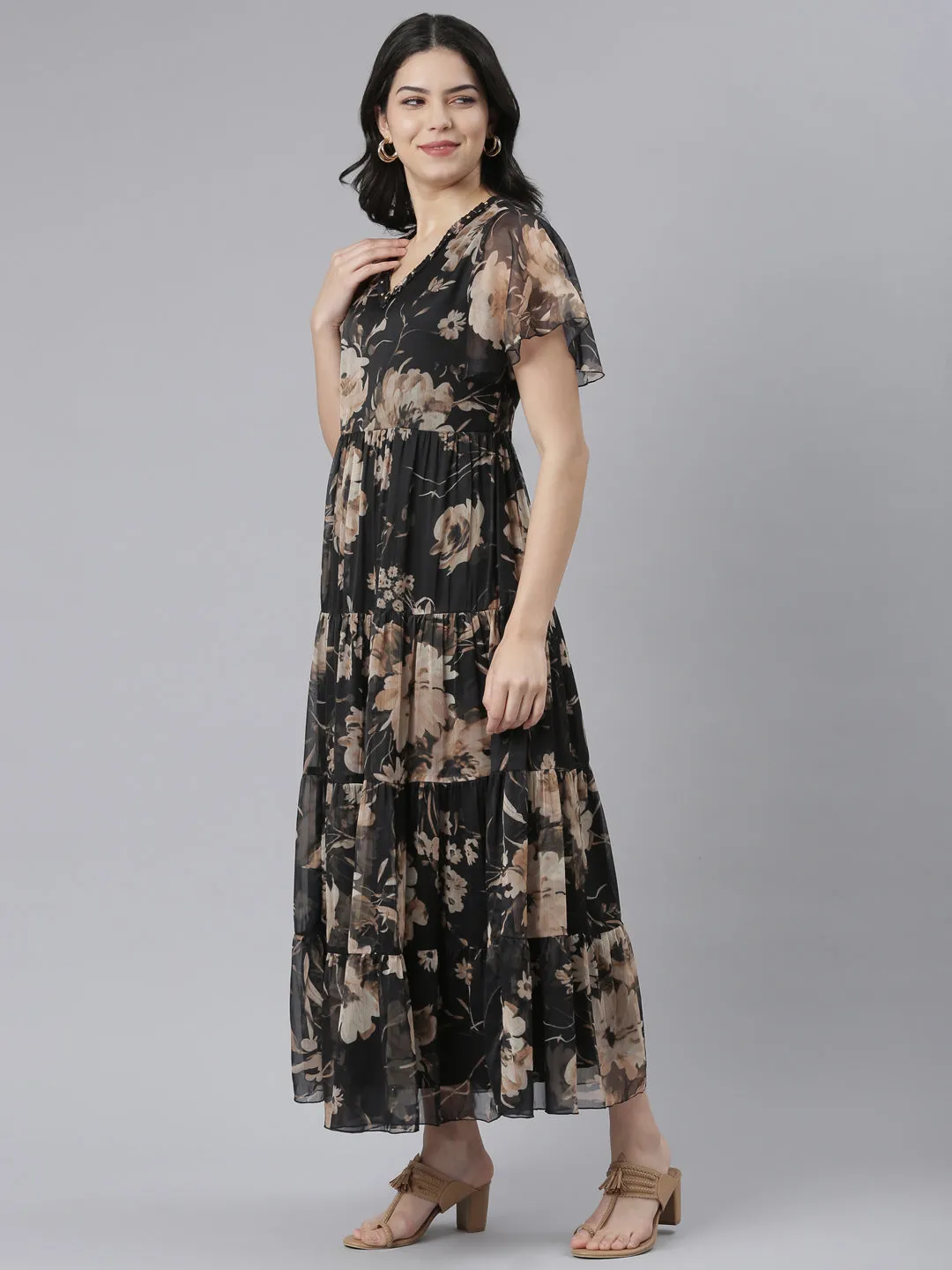 Neeru's Black Flared Casual Floral Dresses