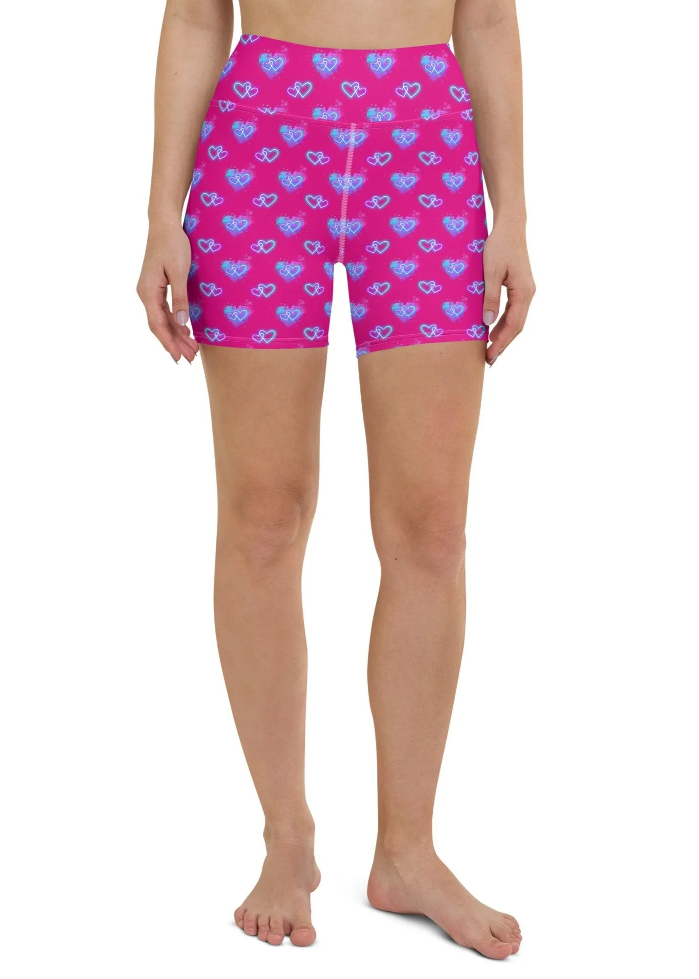 Neon Hearts Pink High-Waisted Yoga Shorts | Vibrant & Comfortable