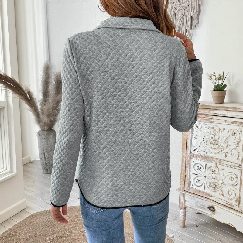 PEOPLETERRITORY  waffle V-neck zipper semi-open pullover sweater casual solid color versatile texture top