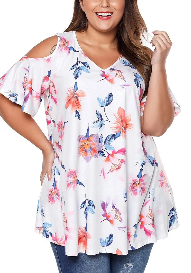 Plus Size White Floral Cold-Shoulder Blouse