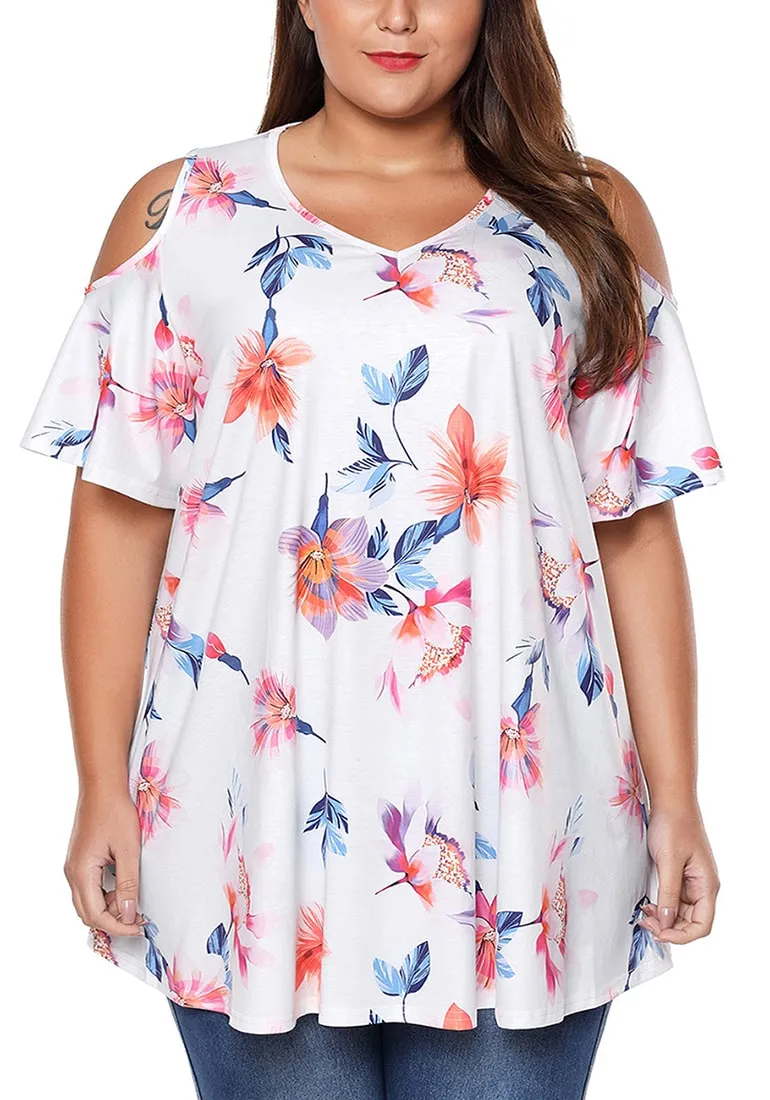 Plus Size White Floral Cold-Shoulder Blouse