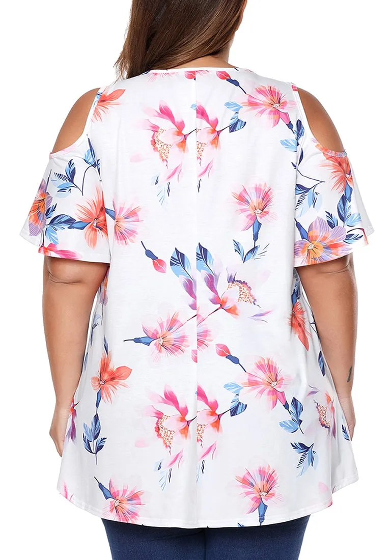 Plus Size White Floral Cold-Shoulder Blouse