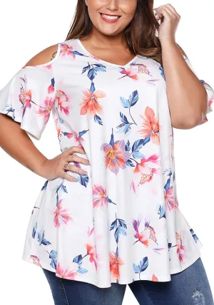 Plus Size White Floral Cold-Shoulder Blouse