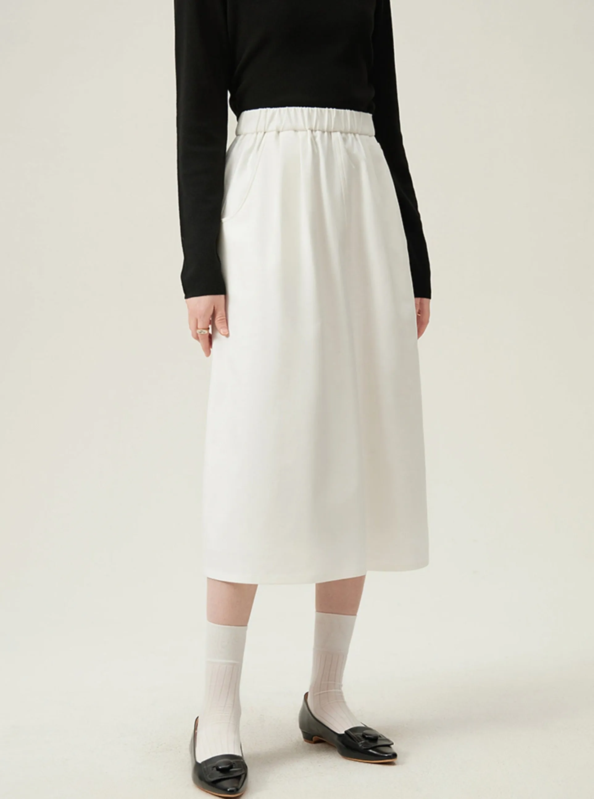 Preppy Elastic Midi Skirt - White A-Line Tennis Skirt