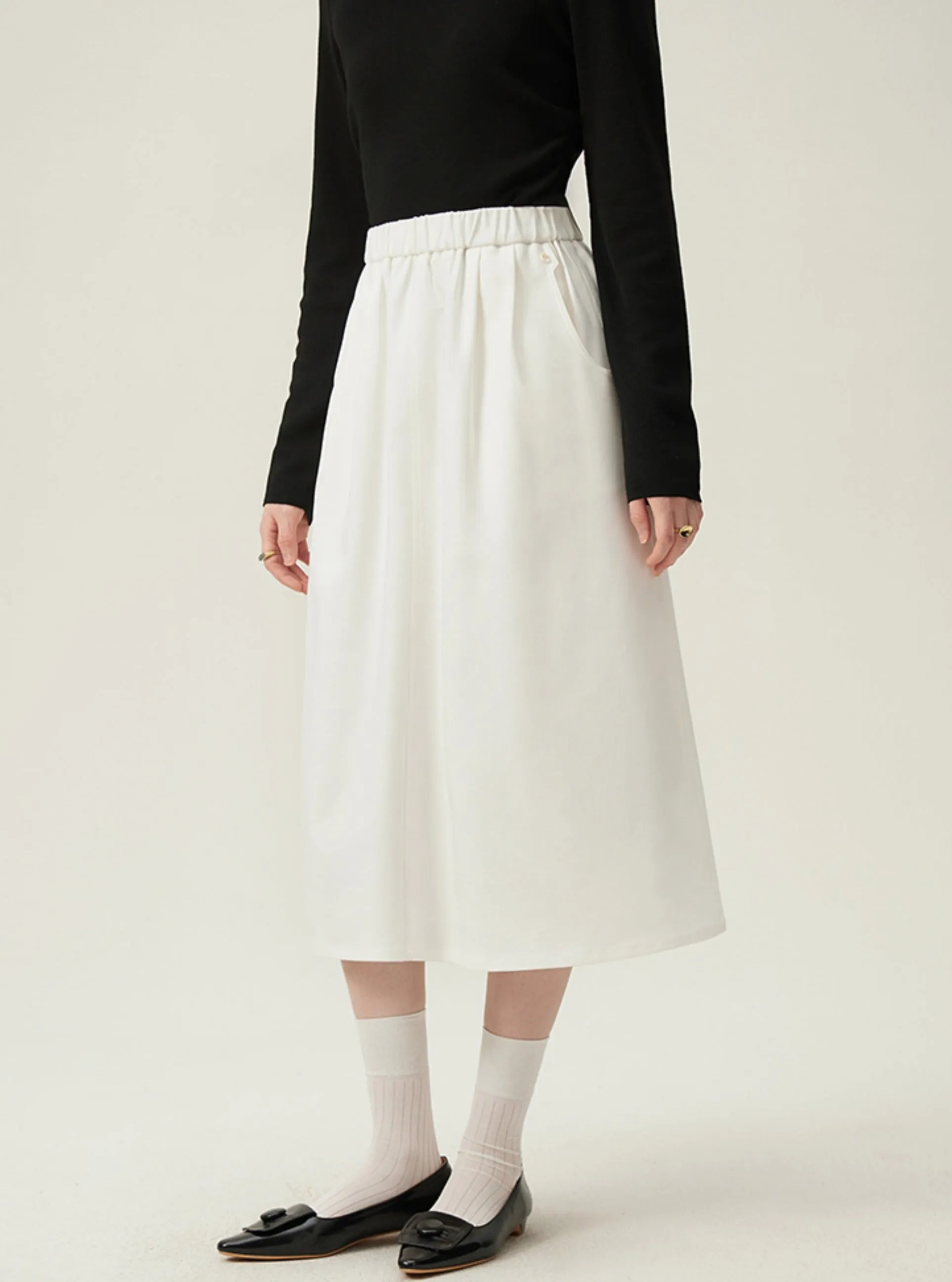 Preppy Elastic Midi Skirt - White A-Line Tennis Skirt